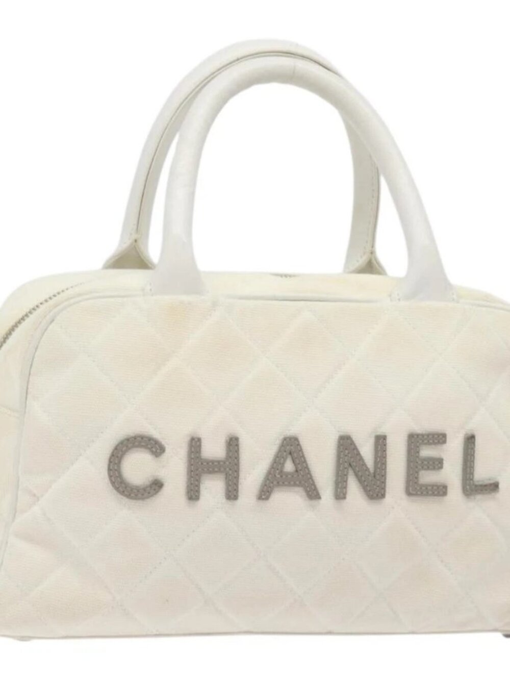 CHANEL Sports Matelasse Hand Bag Canvas White Silver CC Auth 131670